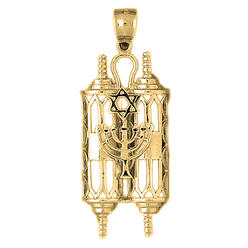 Jewels Obsession 14K Yellow Gold 49mm Torah Scroll with Star & Menorah Pendant