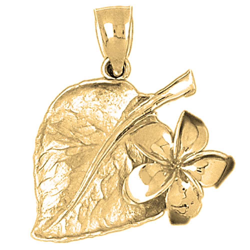 Jewels Obsession 14K Yellow Gold 35mm Plumeria and Sacred Fig Leaf Pendant