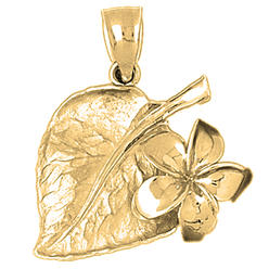 Jewels Obsession 14K Yellow Gold 35mm Plumeria and Sacred Fig Leaf Pendant
