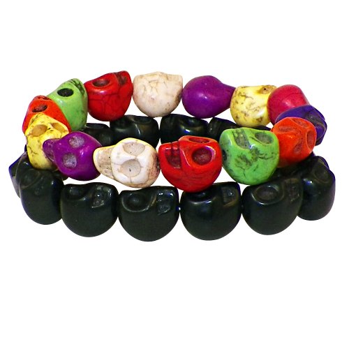 Precious Stars Jewelry Trendbox Jewelry Hand-carved Black and Multi-colored Dyed Turquoise Skull Stretch Bracelet (Se...