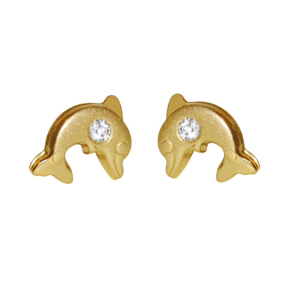 Precious Stars Jewelry 14k Yellow Gold Children's Cubic Zirconia Dolphin Safety Stud Earrings