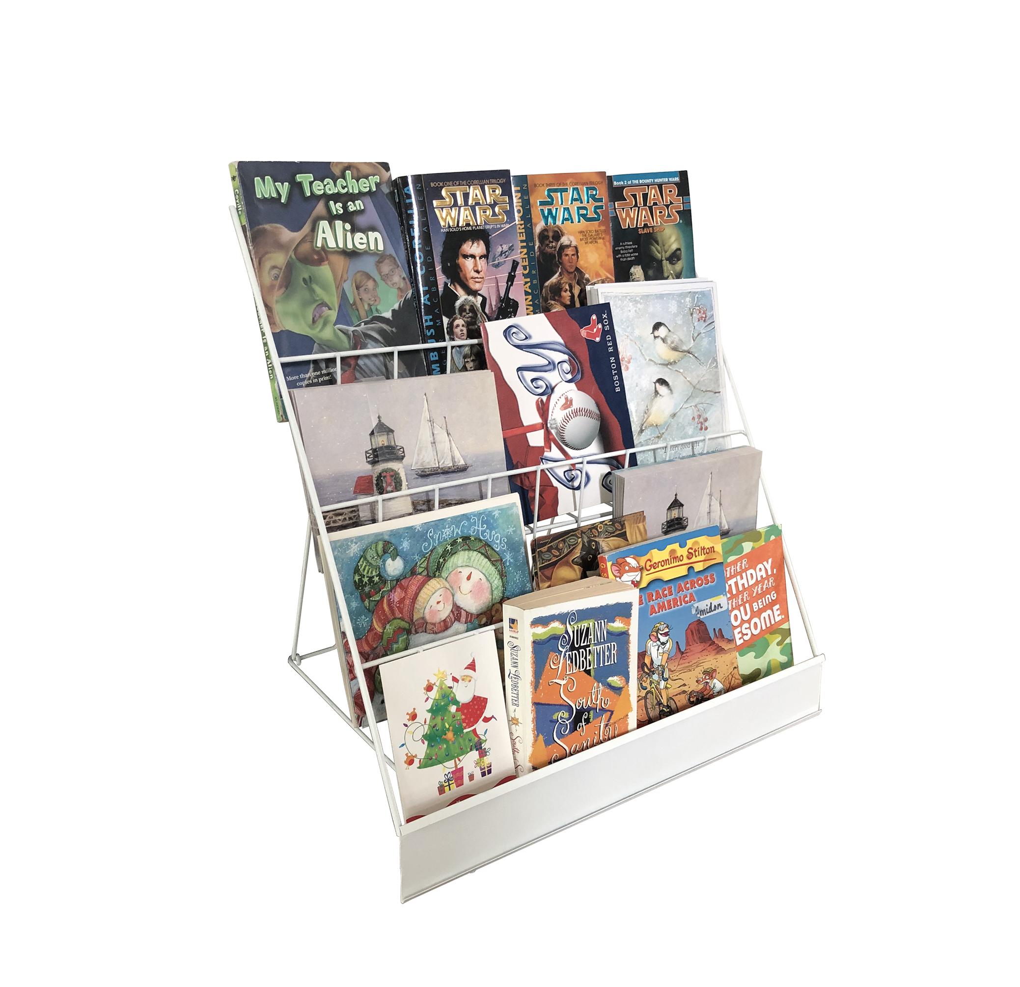 FixtureDisplays 4-Tiered 18" Wire Display Rack Literature Brochure Magazine Stand Book Tabletop Rack, 2.5" Deep Open Shelves 11936-2WHITE