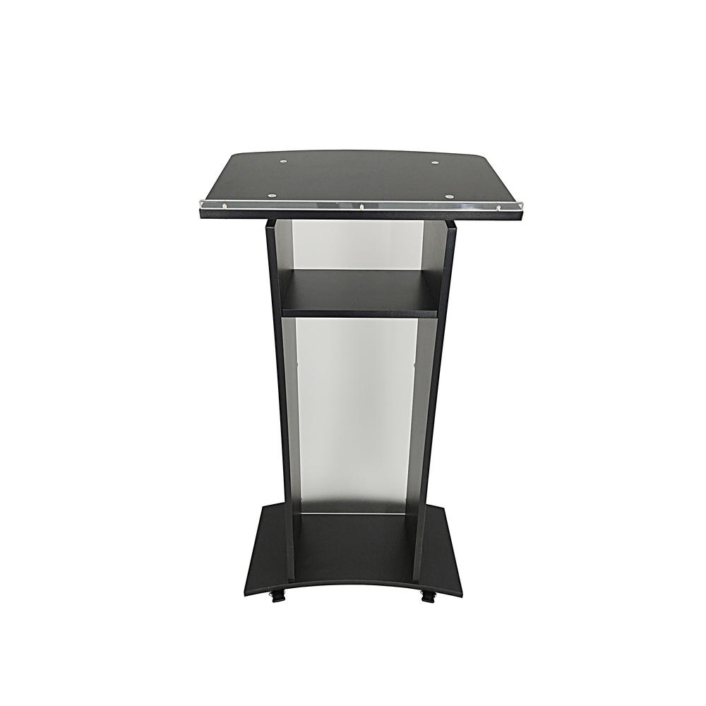 FixtureDisplays Acrylic Church Podium Pulpit Debate Conference Lectern Plexiglass Lucite Black Wood Shelf Cup Holder on Wheels 1803-5-BLACK