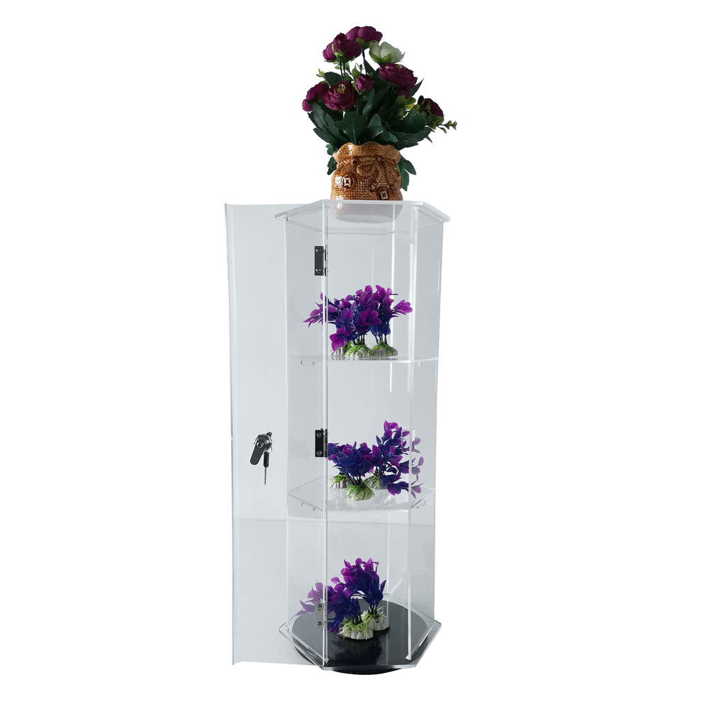 FixtureDisplays Clear Cabinet Acrylic Showcase Plexiglass Hexagon Shelf Lock Box Valuable Goods 24" Tall 18622