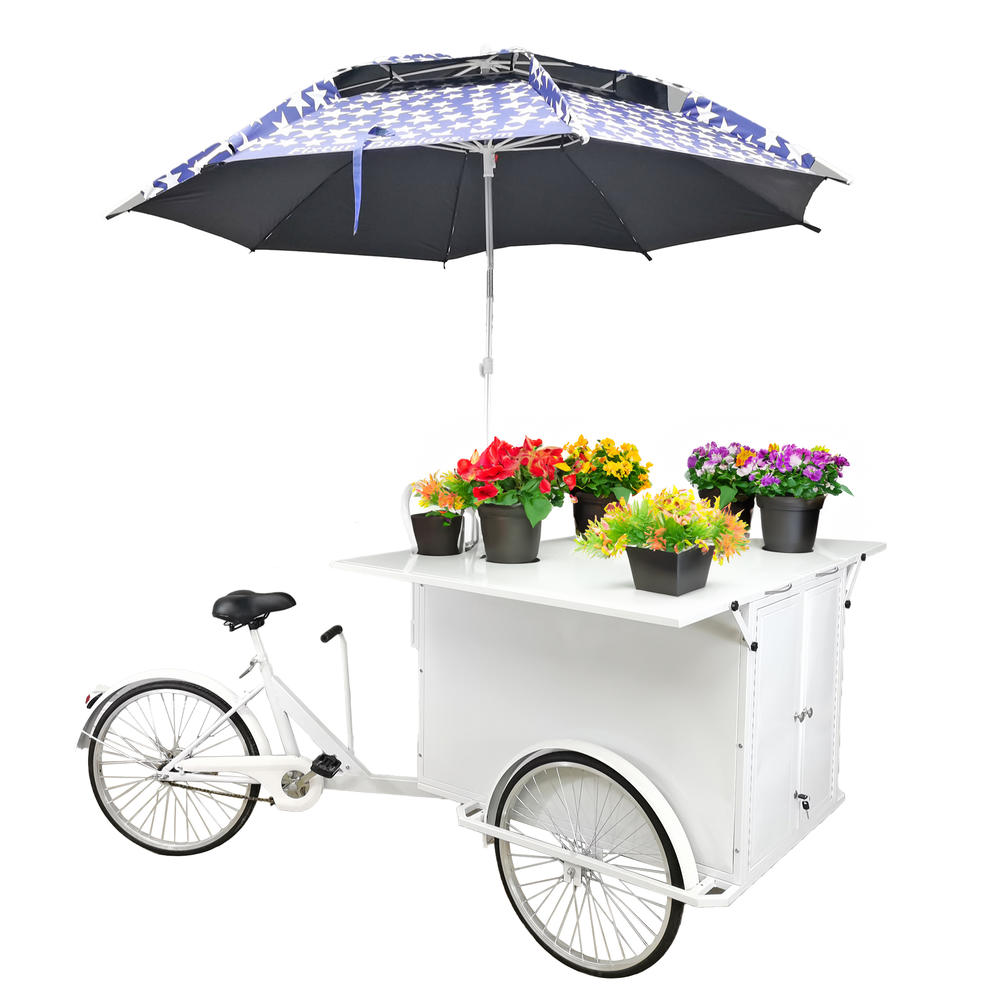 FixtureDisplays 24" Tire 89.8X29.3X5.9" White Vending Trike Mobile Food Beverage Bike Cart White Blue Star With 86.6" Umbrella 10165