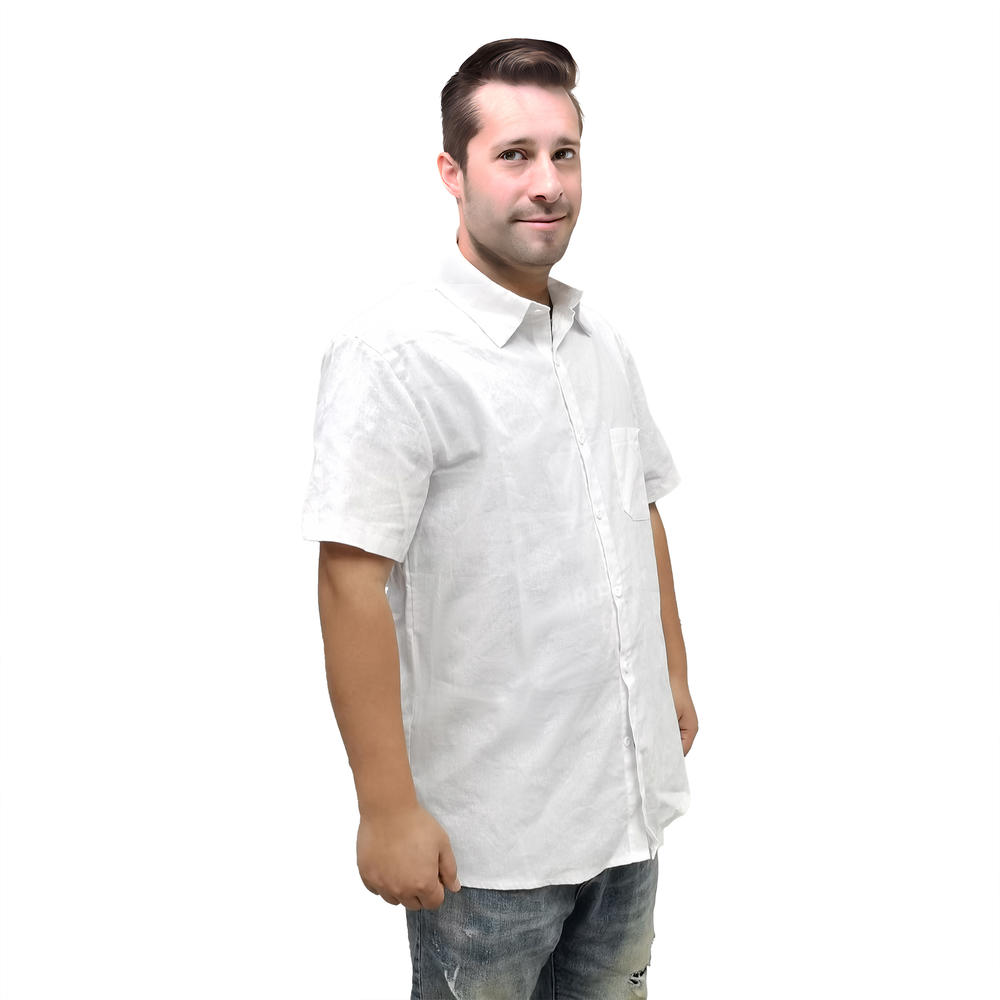 FixtureDisplays Men's Casual Cotton and Linen Button Down Shirt Short Sleeve Dress Shirt for Men, White L, 15829-WHITE-L