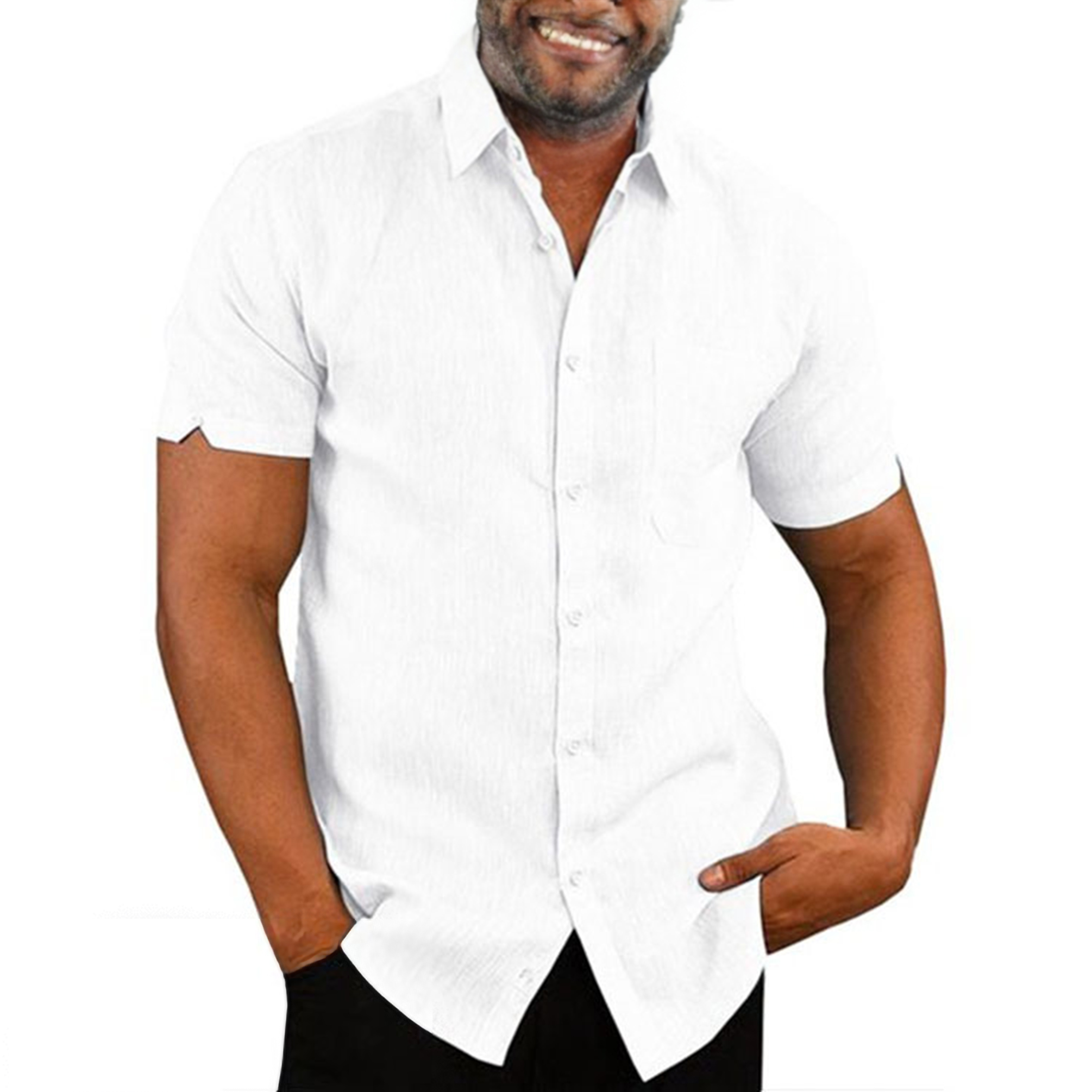 FixtureDisplays Men's Casual Cotton and Linen Button Down Shirt Short Sleeve Dress Shirt for Men, White XL, 15829-WHITE-XL