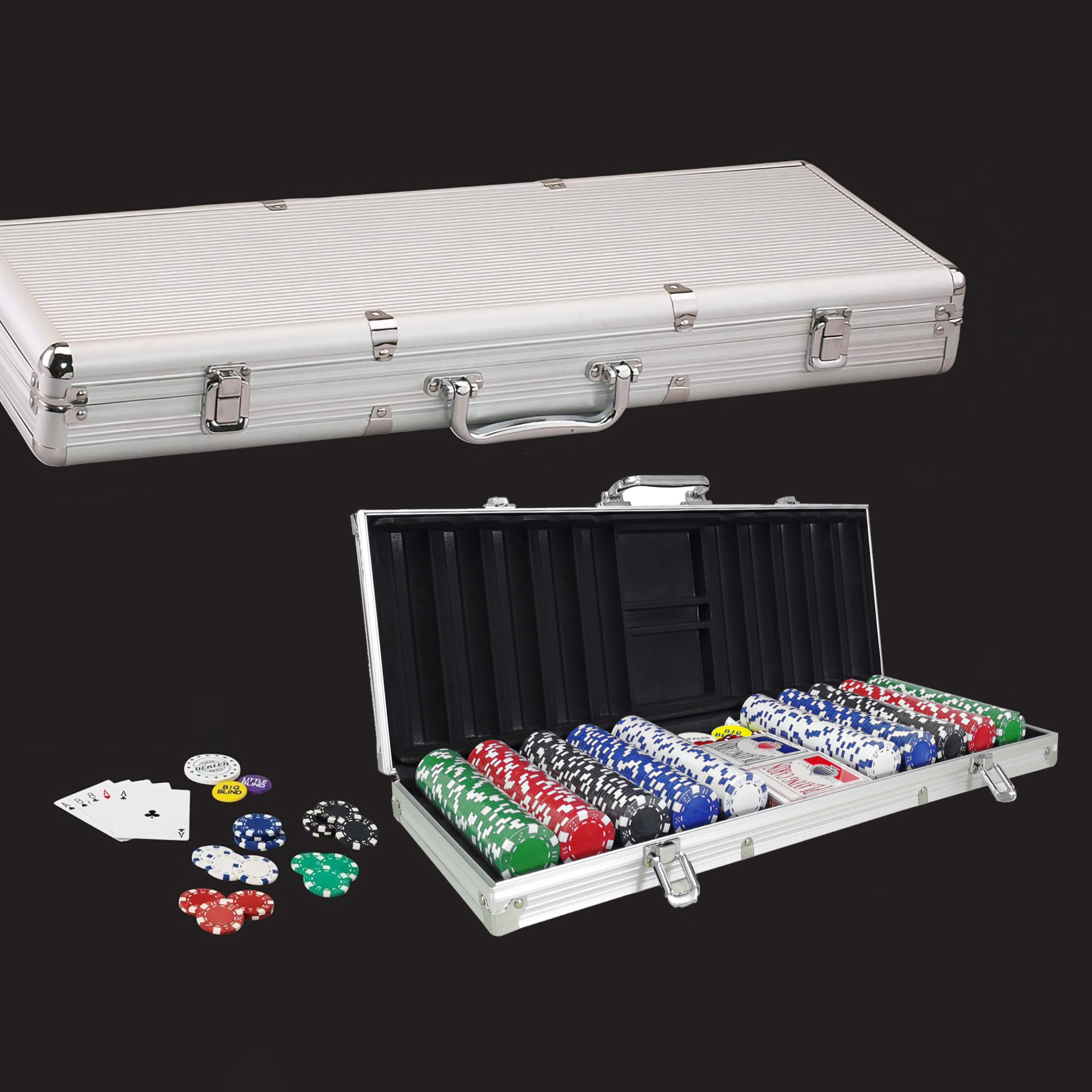 FixtureDisplays 500 pcs Poker Chip Game Set with Aluminum Case 22 X 8.4 X 2.4", 2 Decks of Paper Playing Cards, Dices, Markers for Texas