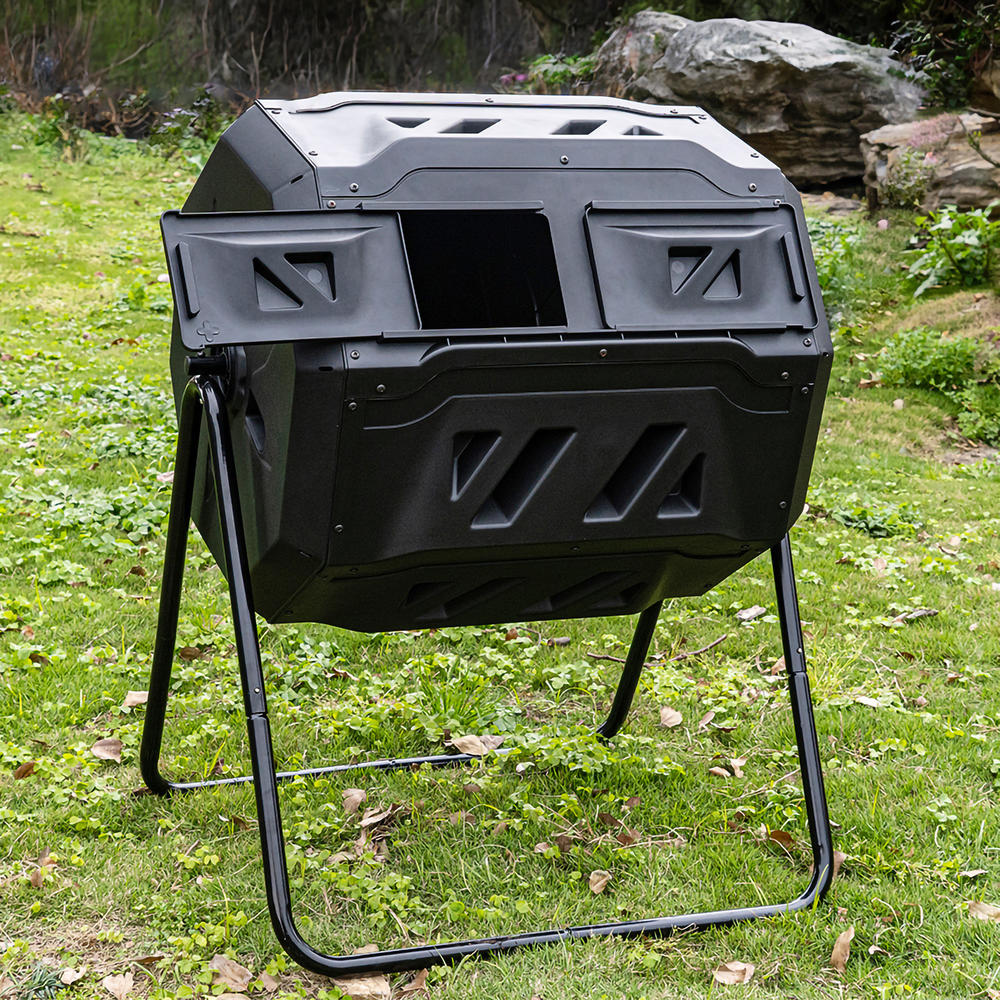 FixtureDisplays 42 Gallon 28X24X36" Black Garden Kitchen Compost Tumbler Bin Rotating Outdoor Dual Composting Tumblers 15813