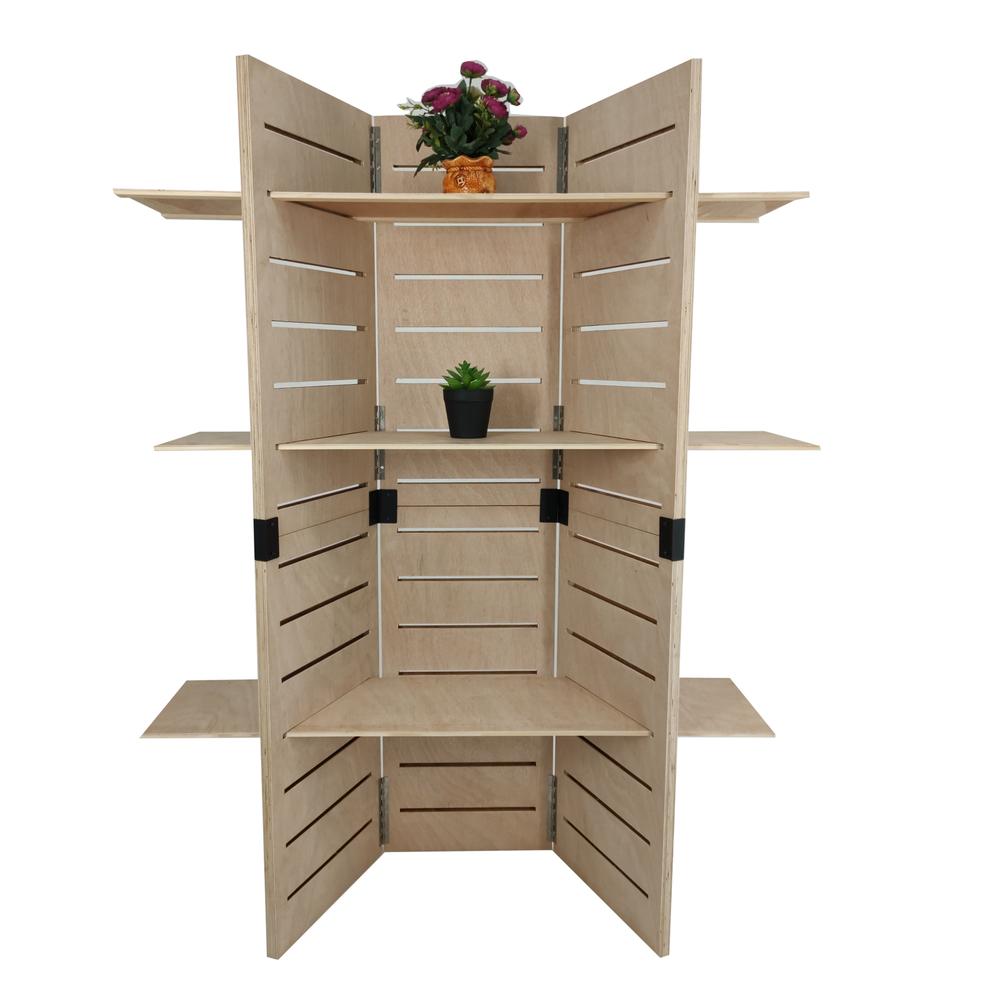 FixtureDisplays 48.0" x 59.5" x 14.5" Wooden Retail Shelving Unit w/ 3 Shelves, Folding Panels - Pine Wood 19404