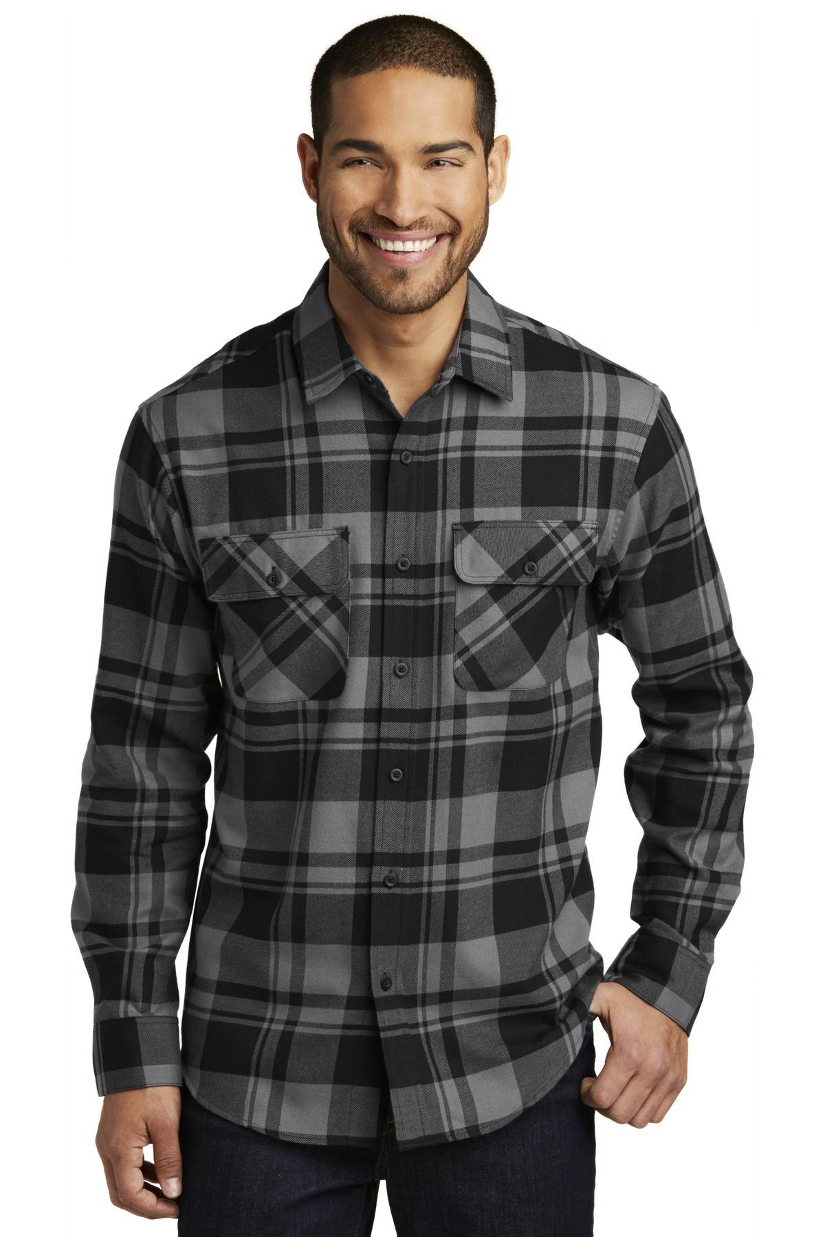 Port Authority W668 Mens Long Sleeve Open Collar Plaid Flannel Shirt With Pockets