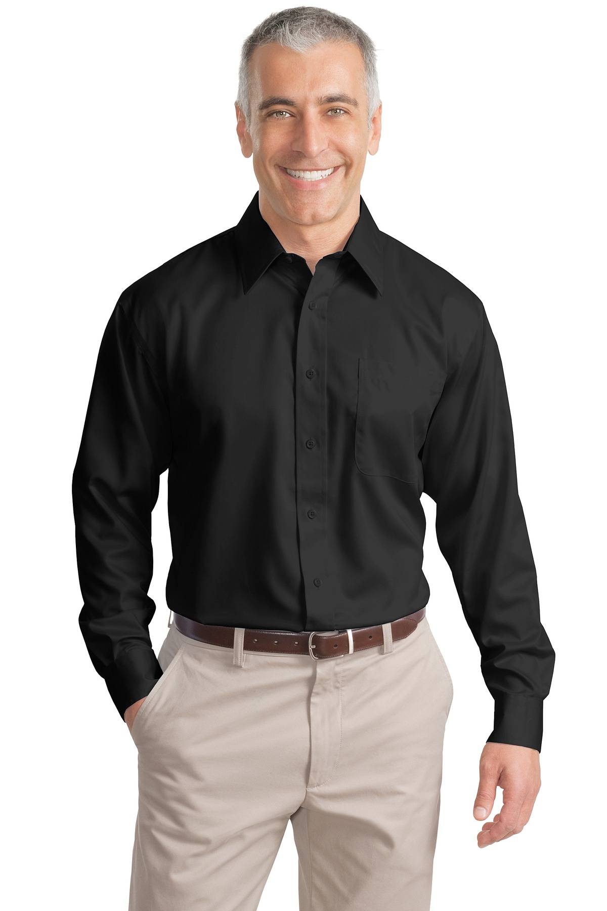 Port Authority TLS638 Mens Big And Tall Long Sleeve Open Collar Non Iron Twill Shirt With Pocket