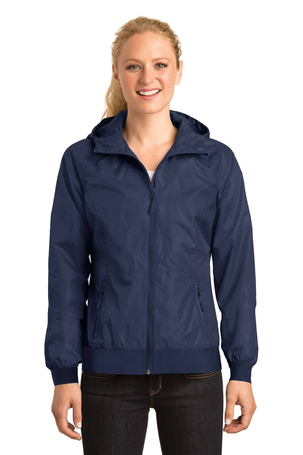 Sport-Tek LST53 Womens Long Sleeve Embossed Hooded Wind Jacket With Pockets