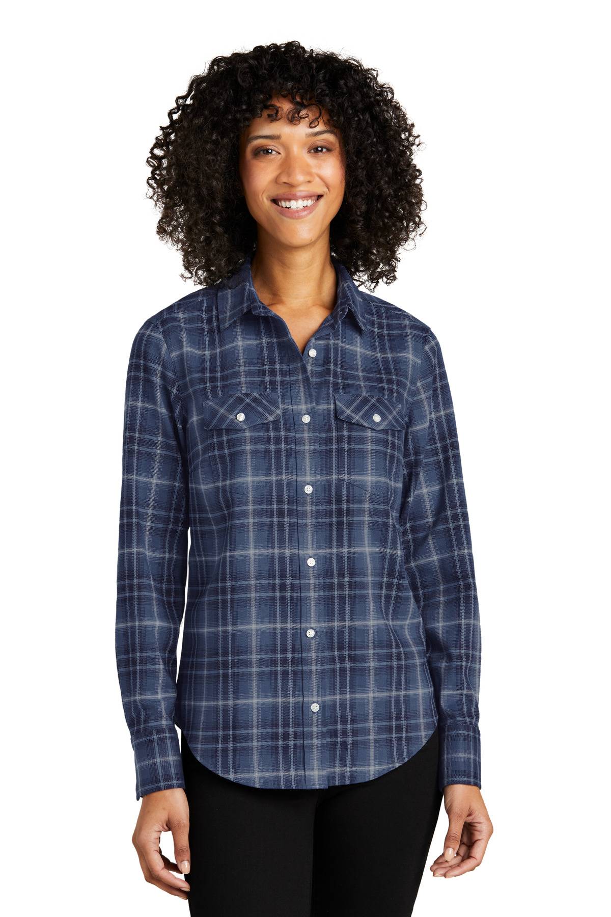 Port Authority LW672 Womens Long Sleeve Open Collar Ombre Plaid Shirt With Pockets