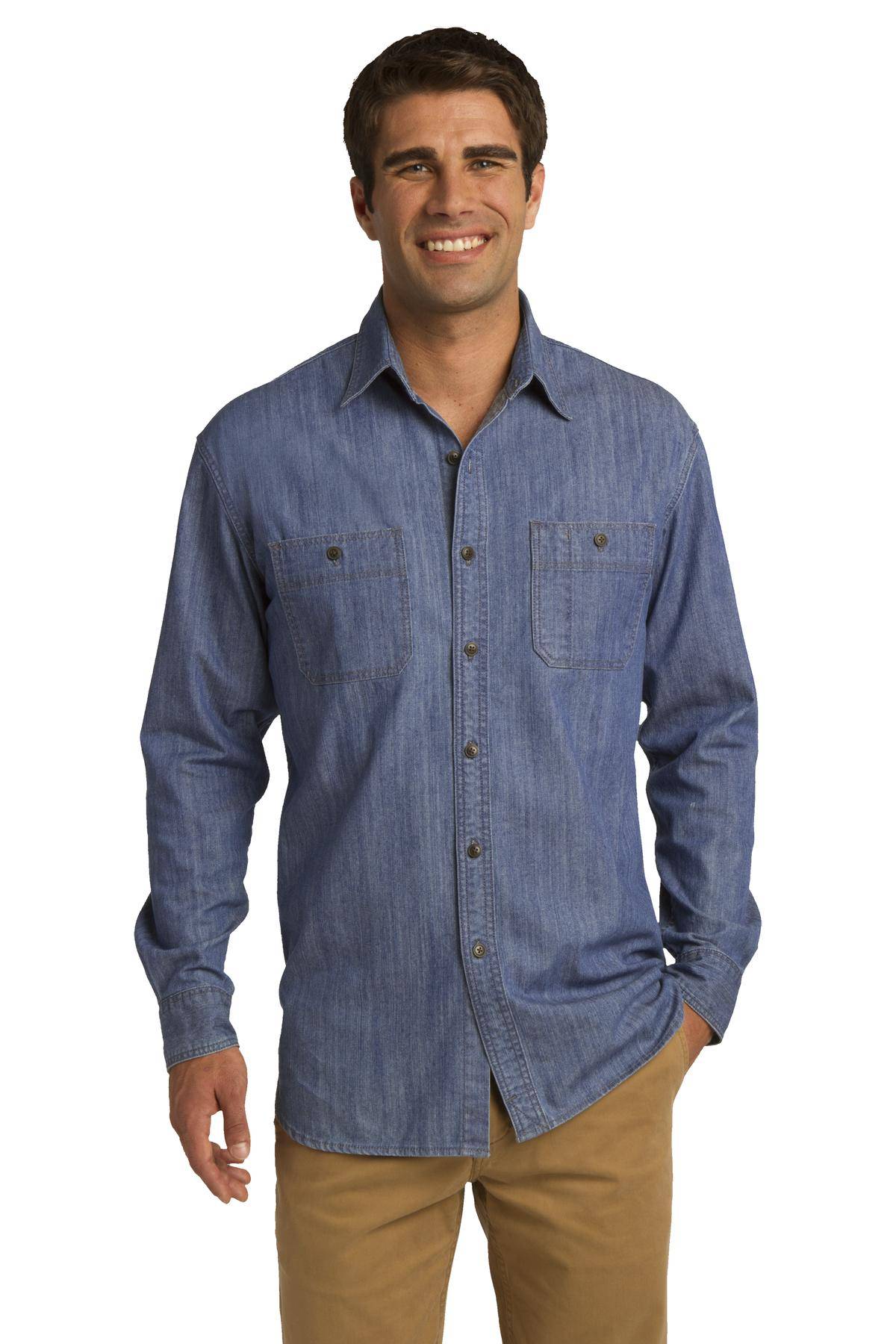 Port Authority S652 Mens Long Sleeve Open Collar Patch Denim Shirt With Pockets