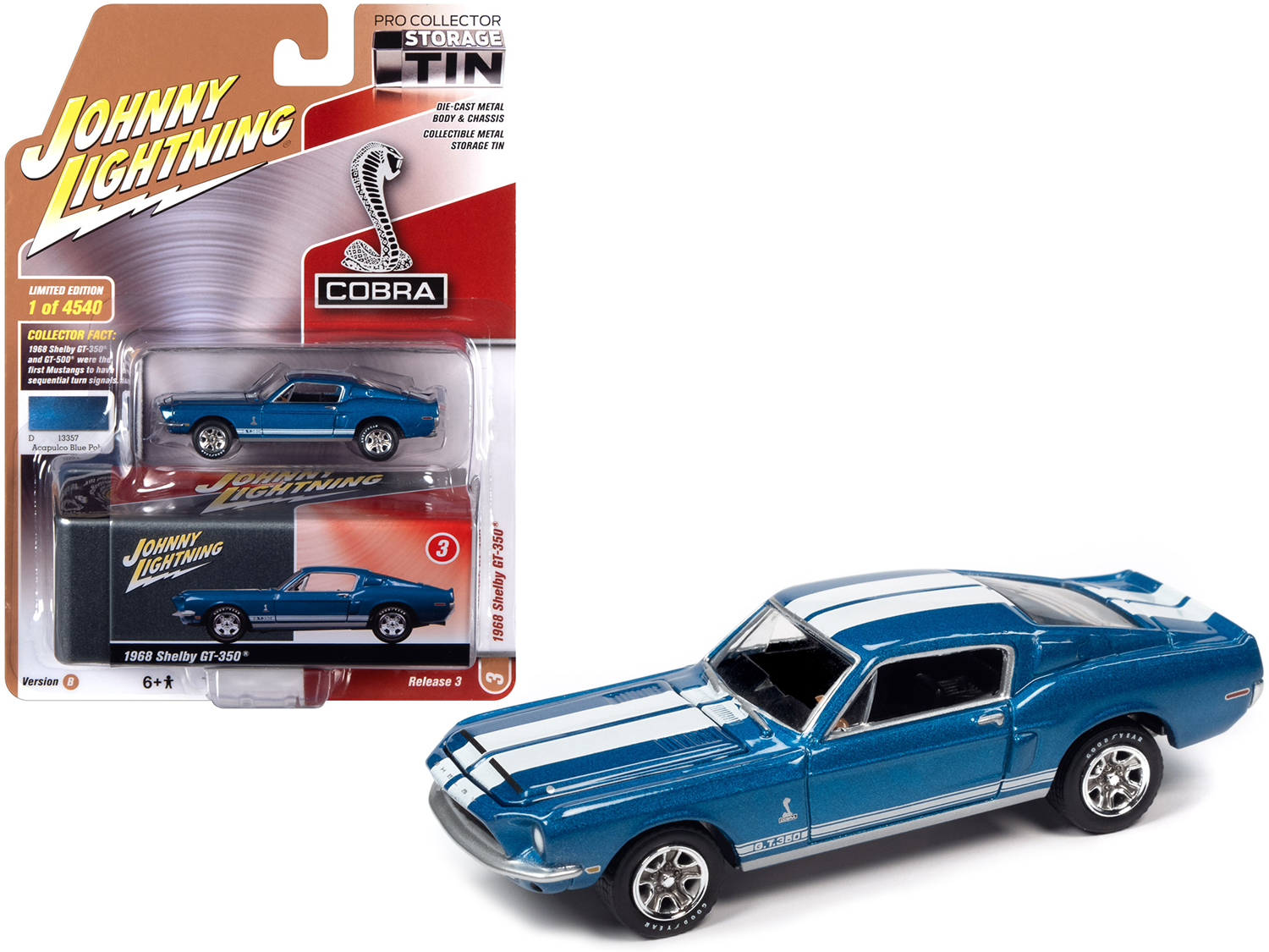 Johnny Lightning 1968 Ford Mustang Shelby GT-350 Acapulco Blue Metallic & Collector Tin Ltd Ed 4540pcs 1/64 Diecast Model Car by Johnny Lightning