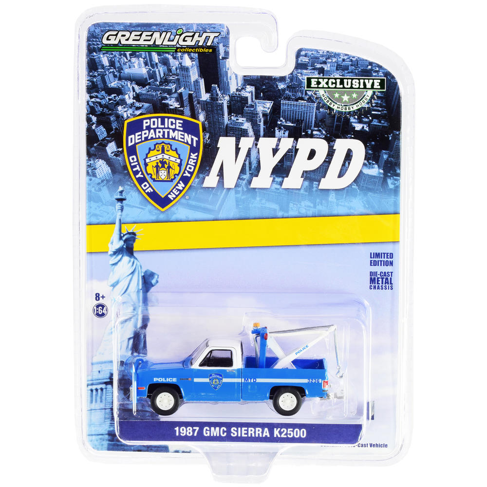 GreenLight 1987 GMC Sierra K2500 Tow Truck with Drop in Tow Hook Blue with White Top (NYPD) "Hobby Exclusive" 1/64 Diecast  by Greenlight