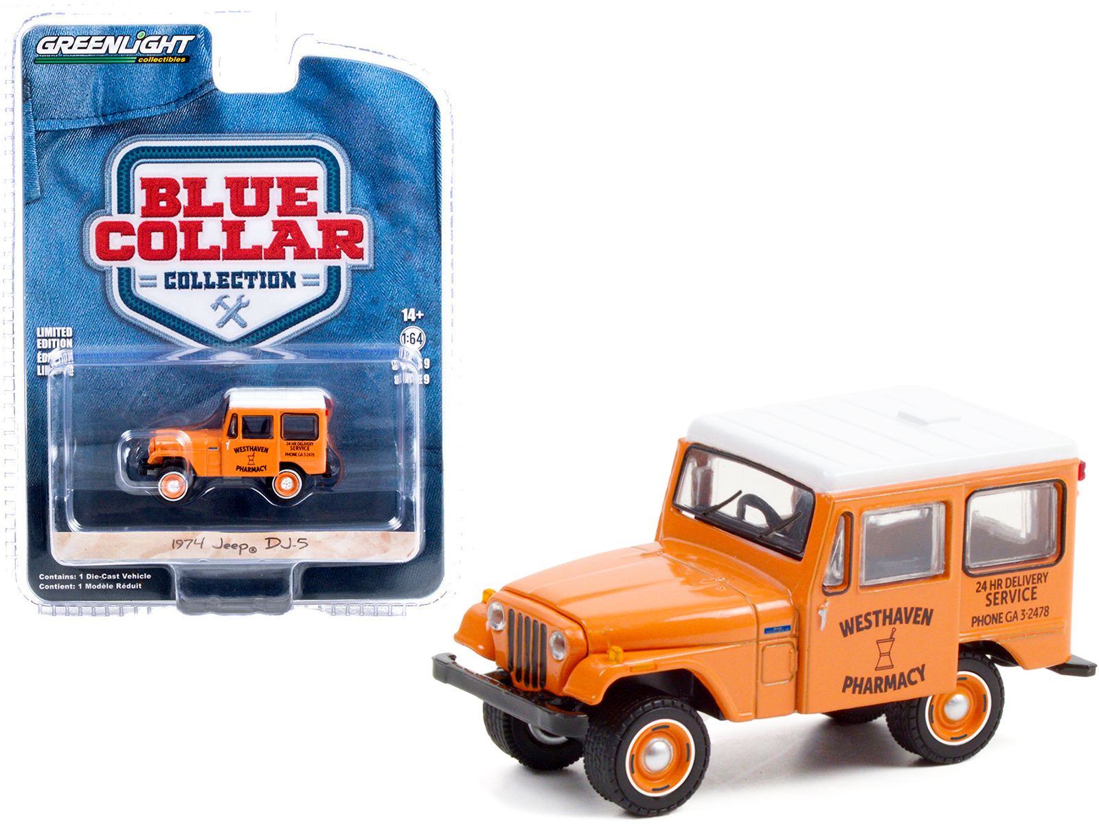 GreenLight 1974 Jeep DJ-5 "Westhaven Pharmacy" Orange with White Top "Blue Collar Collection" Series 9 1/64 Diecast Model Car by Greenlight