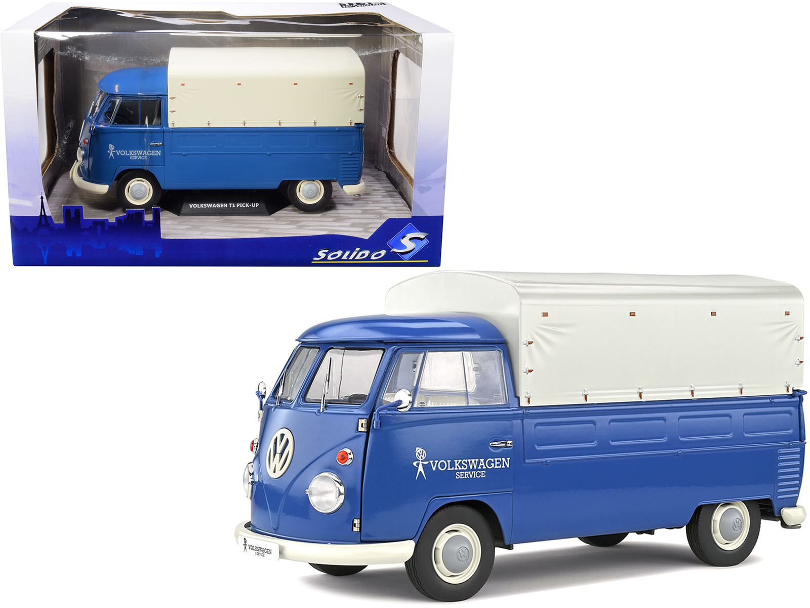 Solido Volkswagen T1 Pickup Truck Blue with Canopy "Volkswagen Service" 1/18 Diecast Model Car by Solido