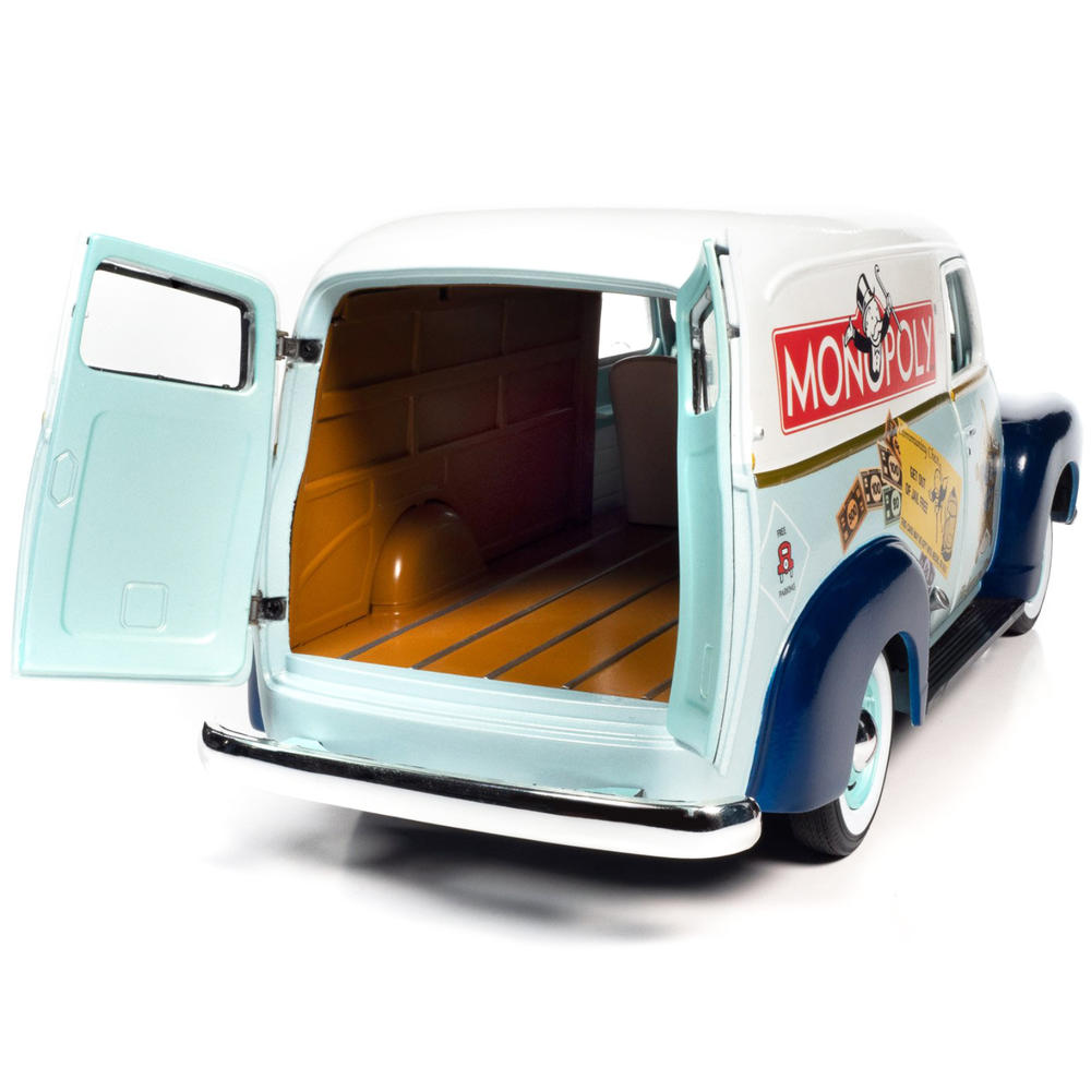 Auto World 1948 Chevrolet Panel Police Van with Mr. Monopoly Figurine "Monopoly" 1/18 Diecast Model Car by Auto World