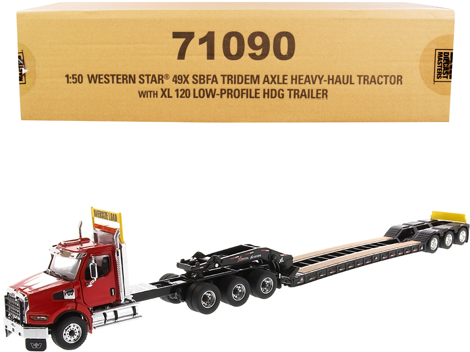 DieCast Masters Western Star 49X SBFA Tridem Axle Heavy-Haul Tractor w/Low-Profile HDG Trailer Red and Black 1/50 Diecast Model Diecast Masters