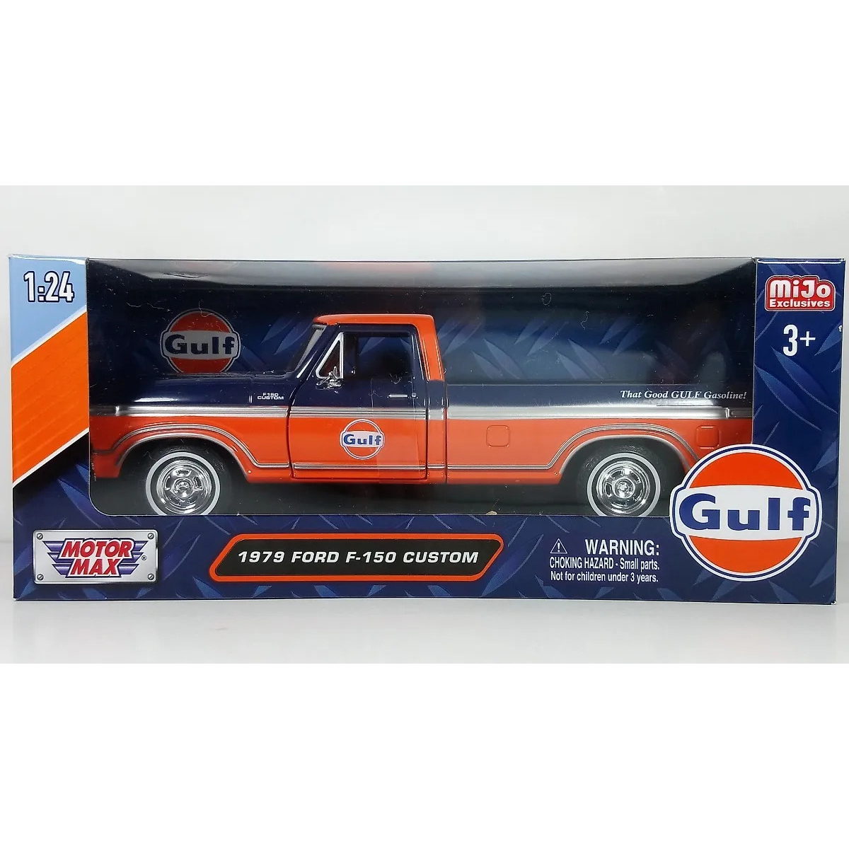 Motormax 1979 Ford F-150 Custom Pickup Truck "Gulf" Dark Blue and Orange 1/24 Diecast Model Car by Motormax