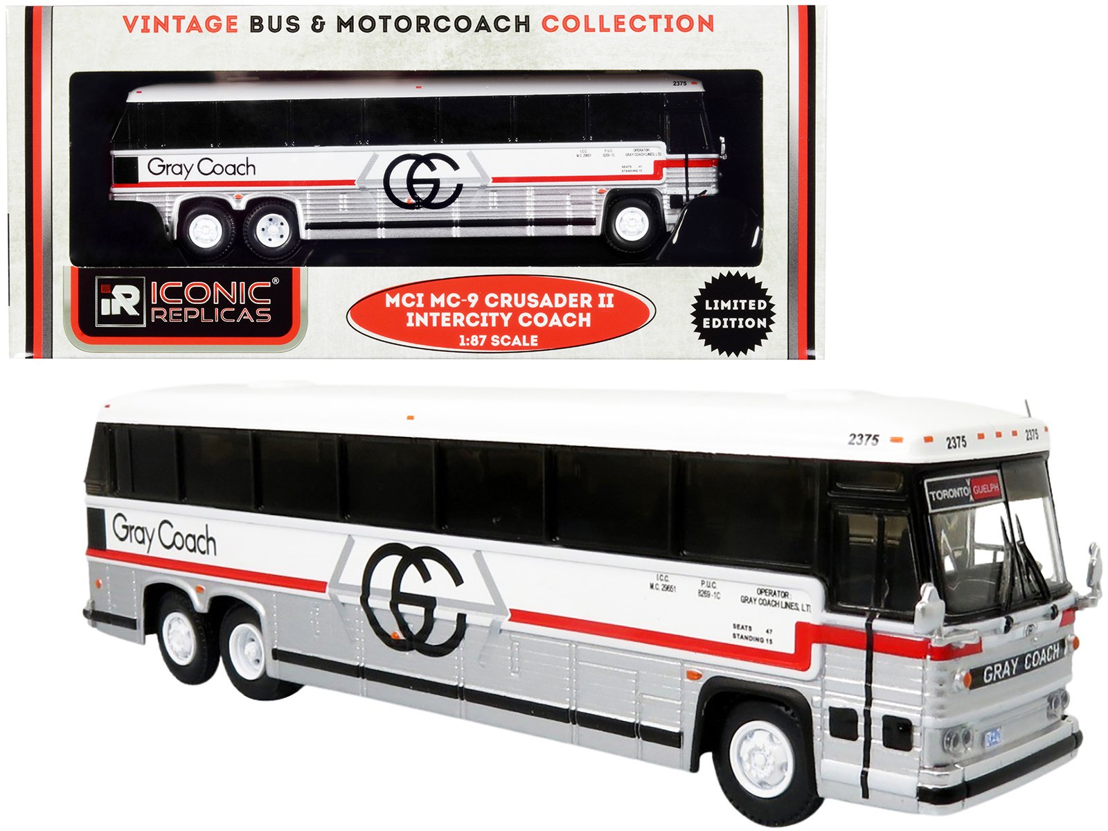 Iconic Replicas 1980 MCI MC-9 Crusader II Intercity Coach Bus "Toronto - Guelph" (Canada) "Gray Coach" 1/87 HO Diecast Model by Iconic Replicas