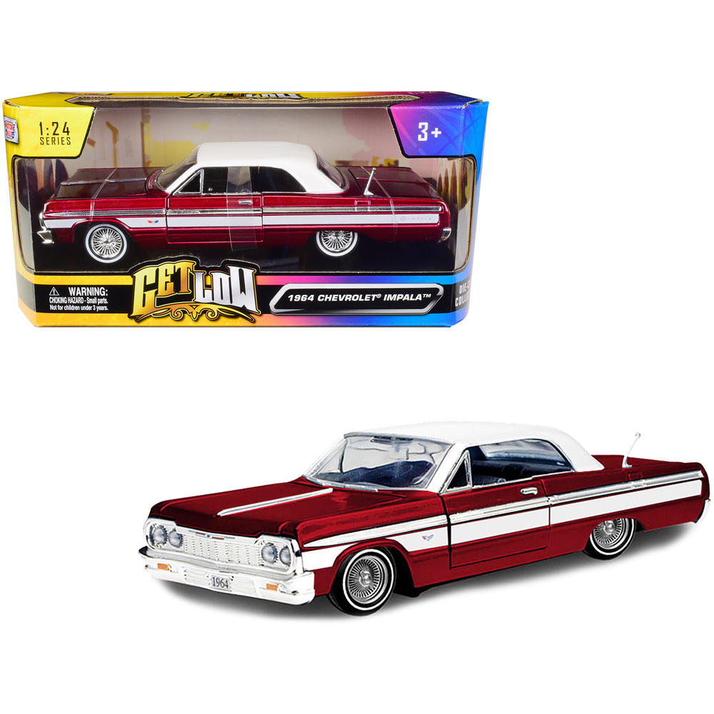 Motormax 1964 Chevrolet Impala Lowrider Hard Top Candy Red Metallic with White Top "Get Low" Series 1/24 Diecast Model Car by Motormax