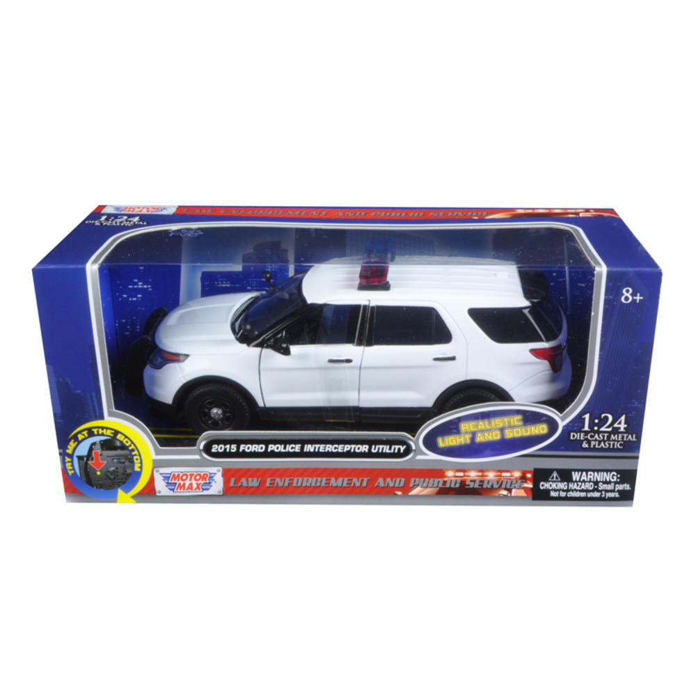 Motormax 2015 Ford Police Interceptor Utility White with Light Bar and Sound 1/24 Diecast Model Car by Motormax