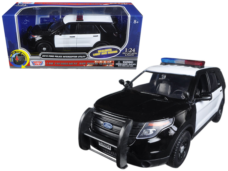 Motormax 2015 Ford Police Interceptor Utility Black & White w/ Flashing Light Bar, Front,Rear Lights, 2 Sounds 1/24 Diecast Motormax