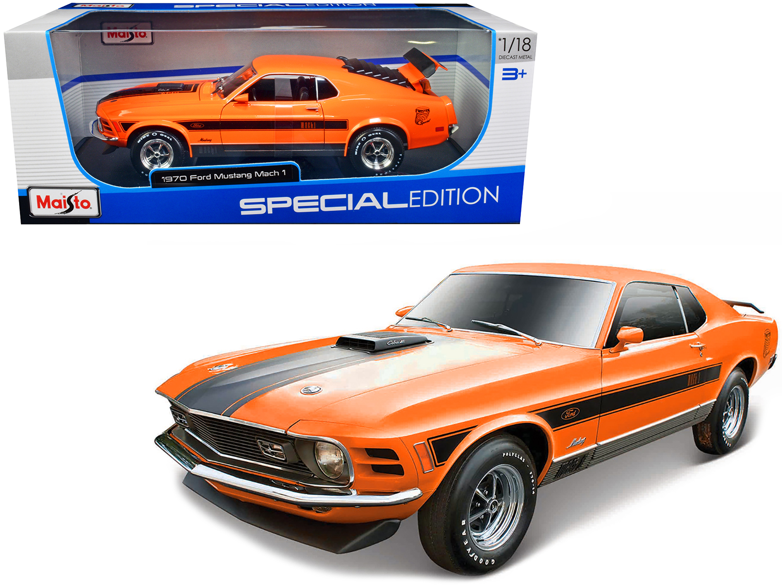 maisto 1970 Ford Mustang Mach 1 428 "Twister Special" Orange with Black Stripes "Special Edition" 1/18 Diecast Model Car by Maisto