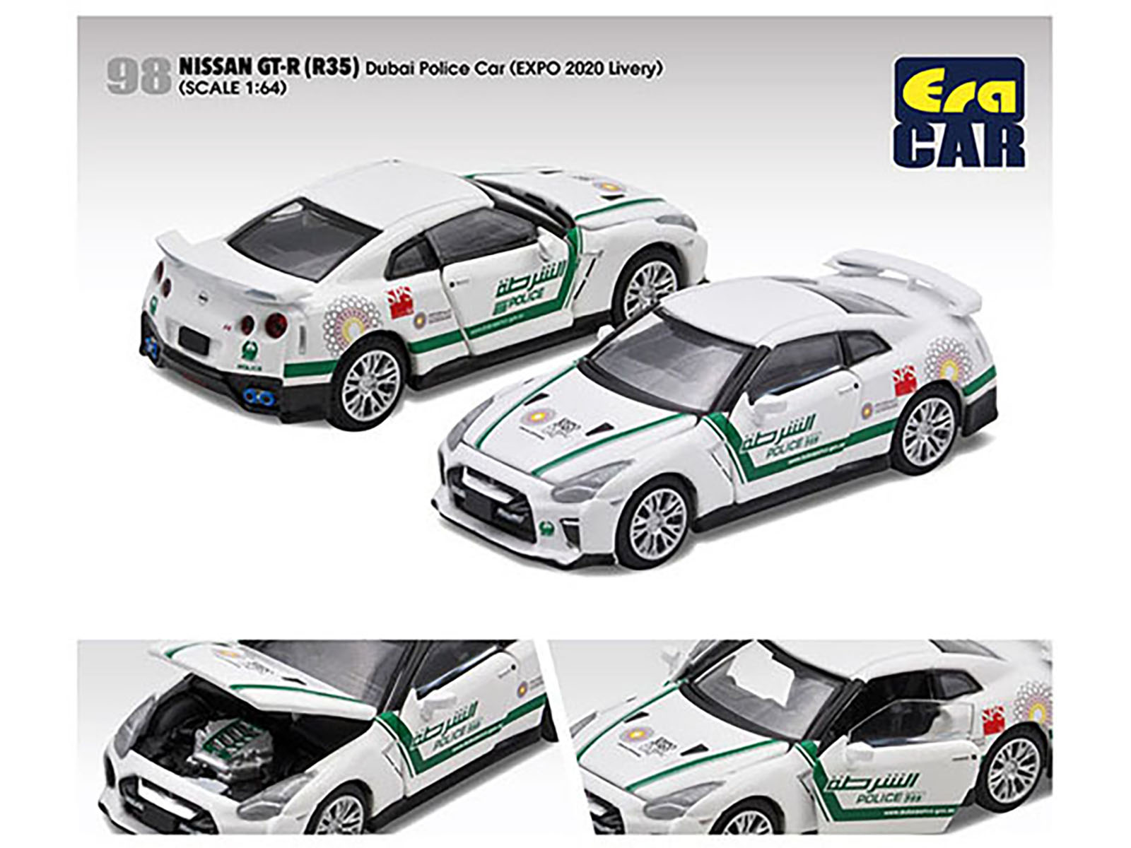 ERA CAR Nissan GT-R (R35) White Dubai Police "EXPO 2020" Livery Limited Edition to 720 pcs Worldwide 1/64 Diecast Model Car by Era Car
