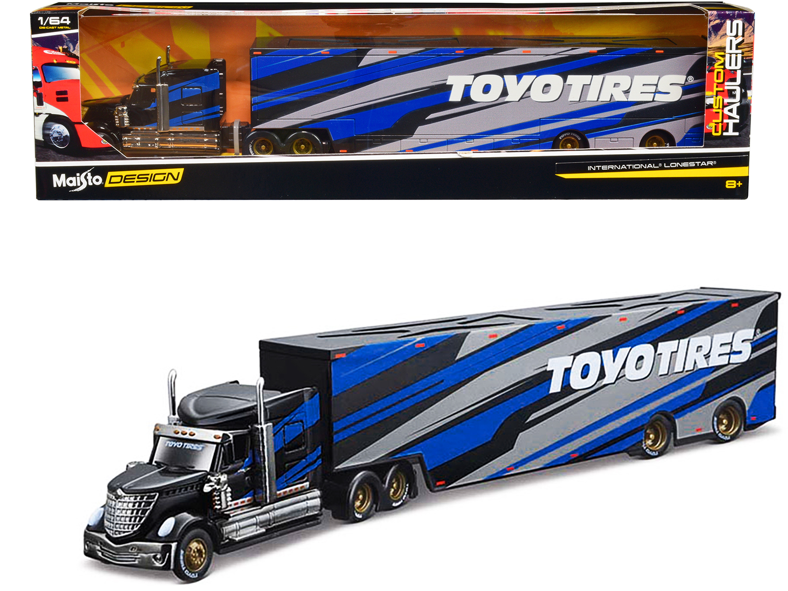 maisto International LoneStar Enclosed Car Transporter "Toyo Tires" Black with Blue and Gray Stripes 1/64 Diecast Model by Maisto