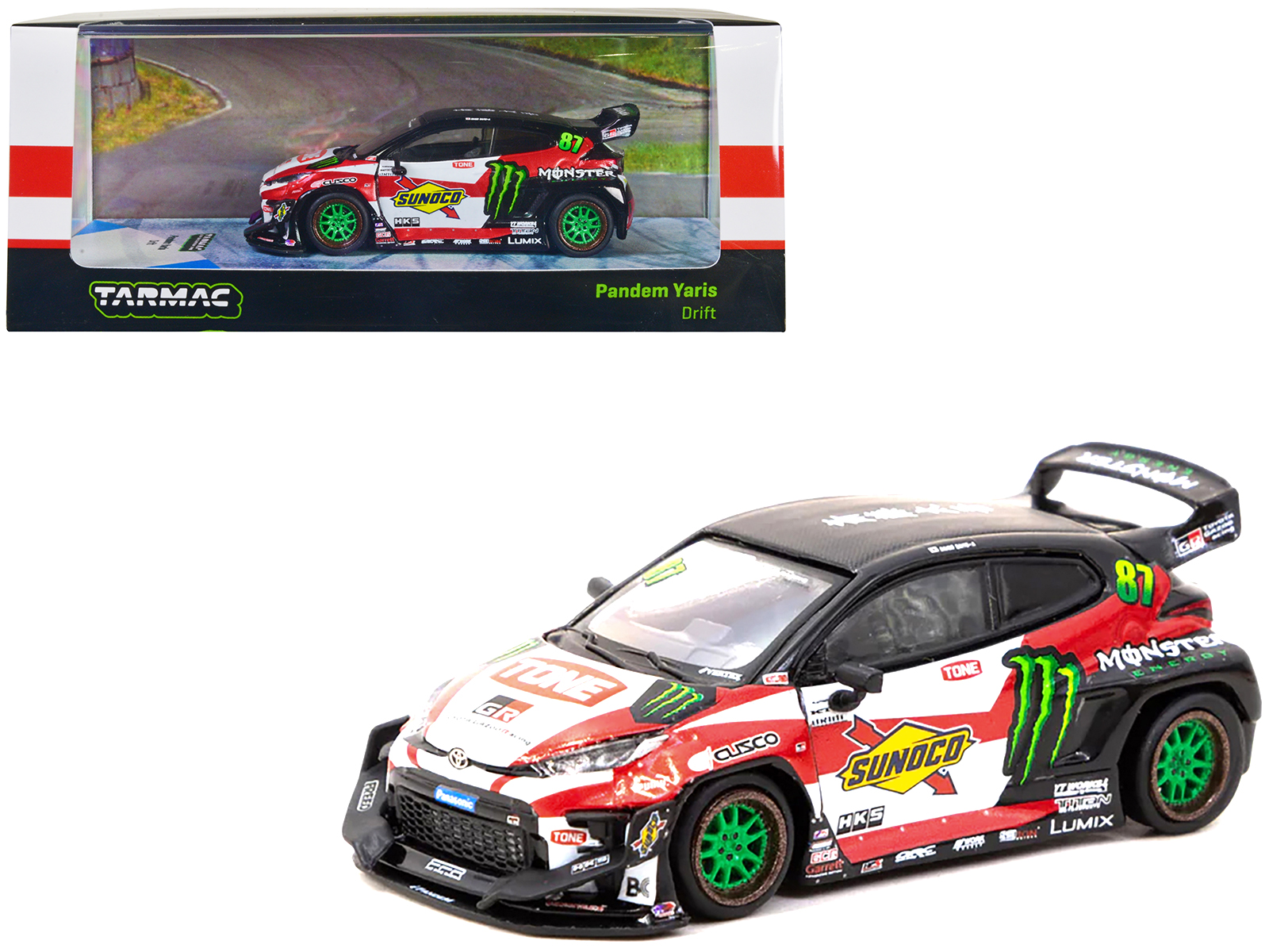 Tarmac Works Toyota Yaris #87 Red and White w/Black Top and Graphics "Monster Energy" "Hobby64" Series 1/64 Diecast Model Car by Tarmac Works