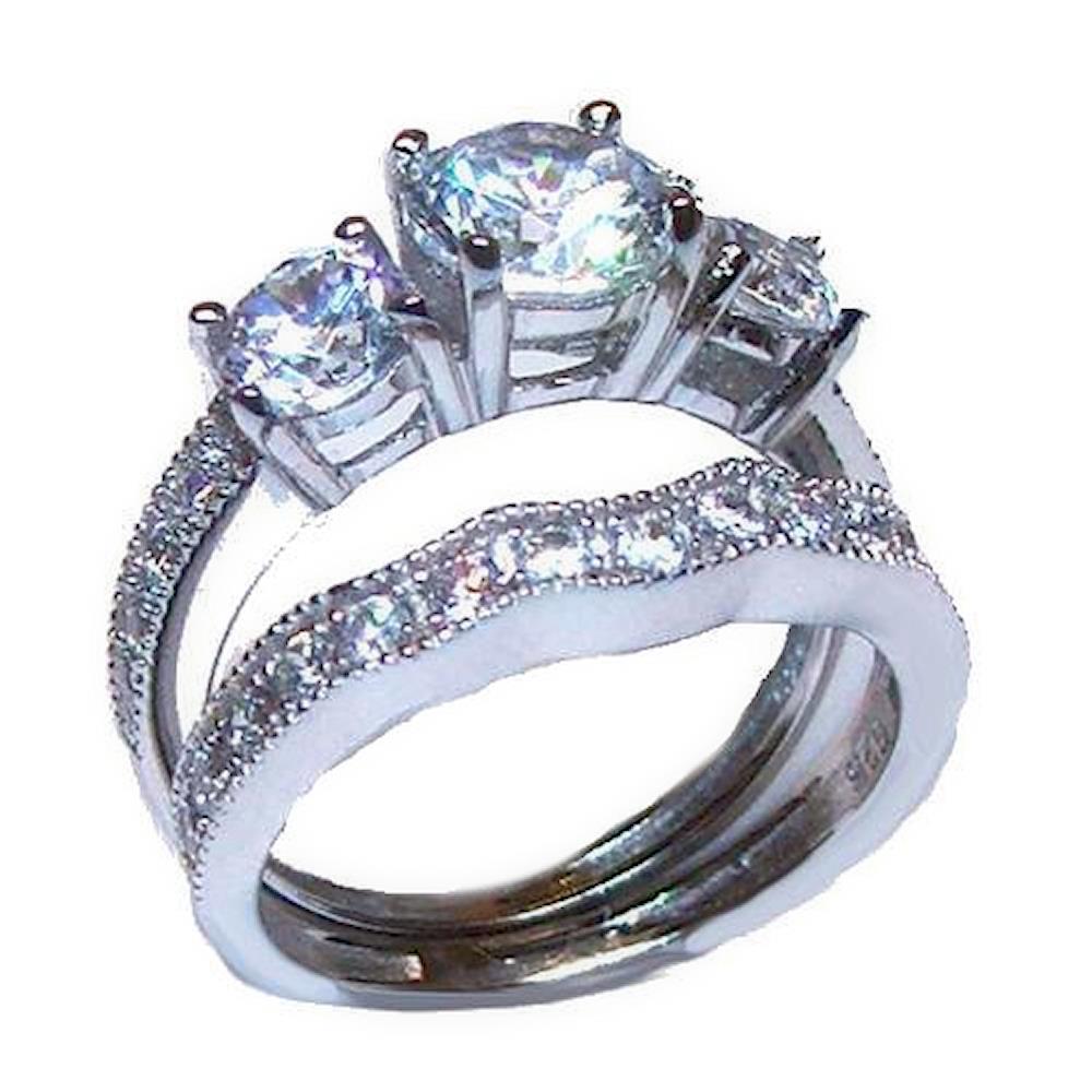 Edwin Earls Women's 2 Piece Sterling Silver Three Stone Wedding Ring Set