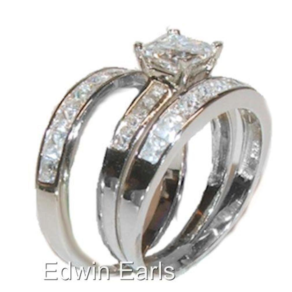 Edwin Earls 3 Ct Princess Cut 3 Ring Wedding & Engagment Ring Set Womens Sterling Silver Bridal Set