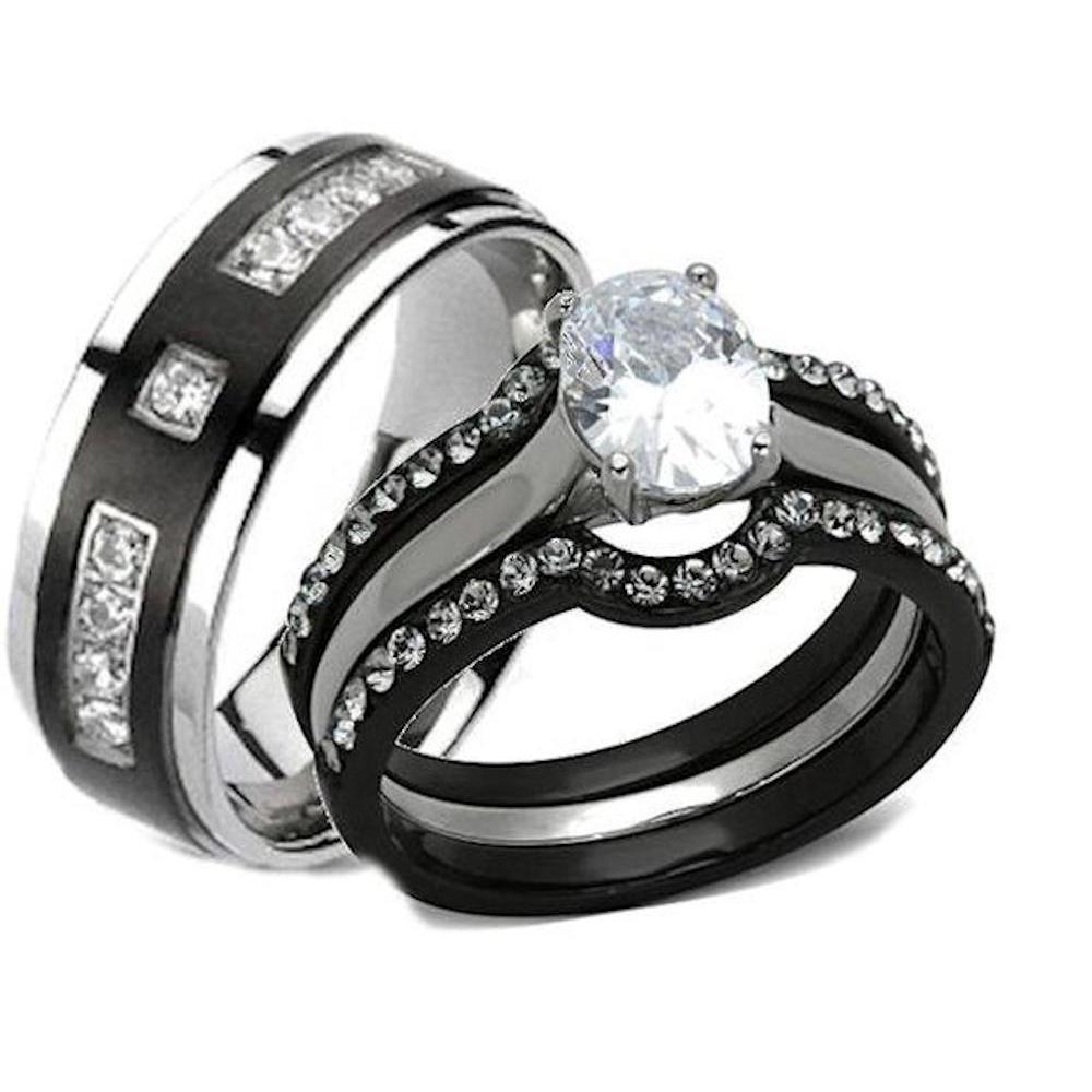 Edwin Earls His Hers 4 Piece Black Stainless Steel & Titanium Matching Wedding Band Ring Set