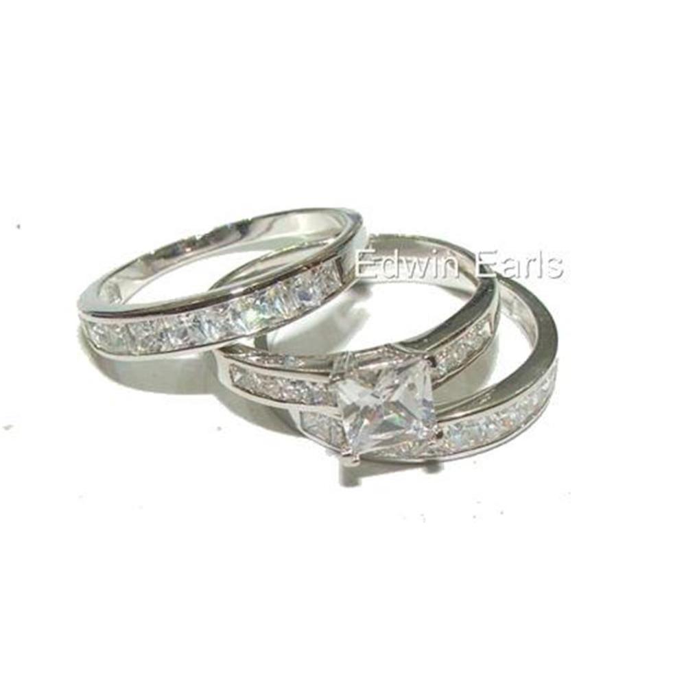Edwin Earls His Her Wedding Ring Set 925 Sterling Silver & Stainless Steel