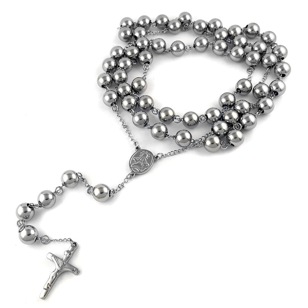 Branded MEN's Stainless Steel 10m 38" Catholic Rosary Bead Necklace Crucifix Cross Chain