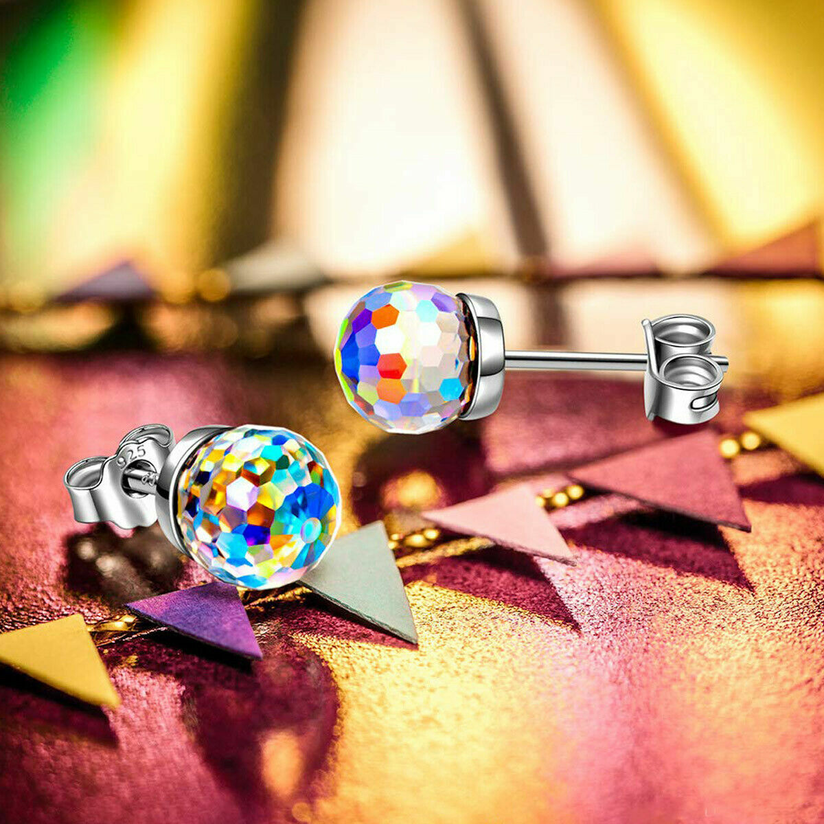 Verona Jewelers Aurora Borealis Disco Ball Round Crystal Stud Earrings Made With Swarovski