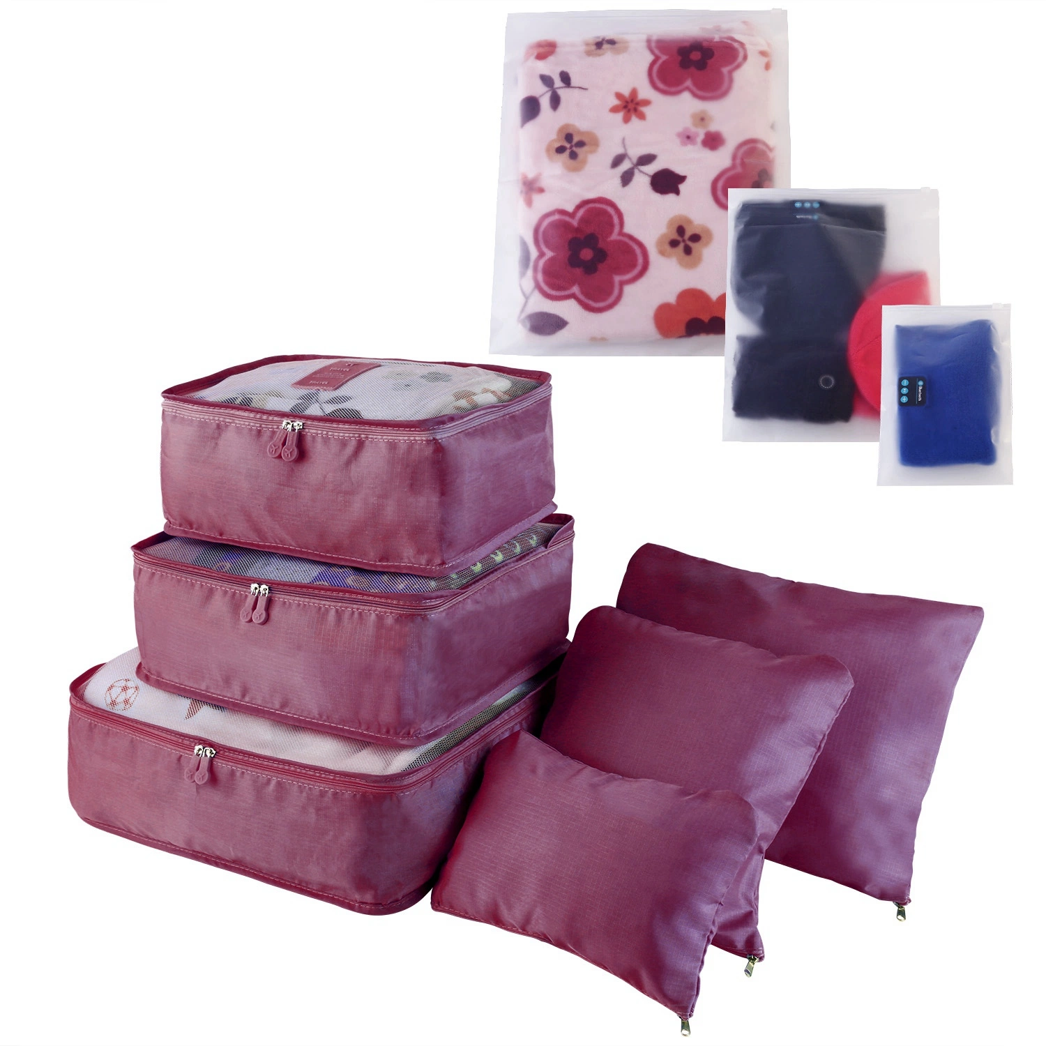 Branded 9Pcs Clothes Storage Bags Water-Resistant Travel Luggage Organizer Clothing Packing Cubes Burgundy