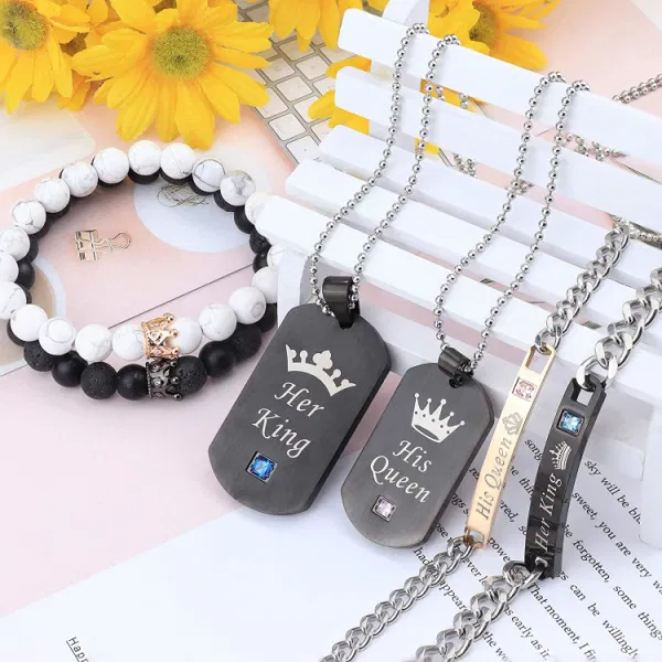 Branded 6Pcs Couples Necklaces Bracelets Matching Set for Him and Her, His Queen Her King Pendant Necklace His & Hers Bracelets King and
