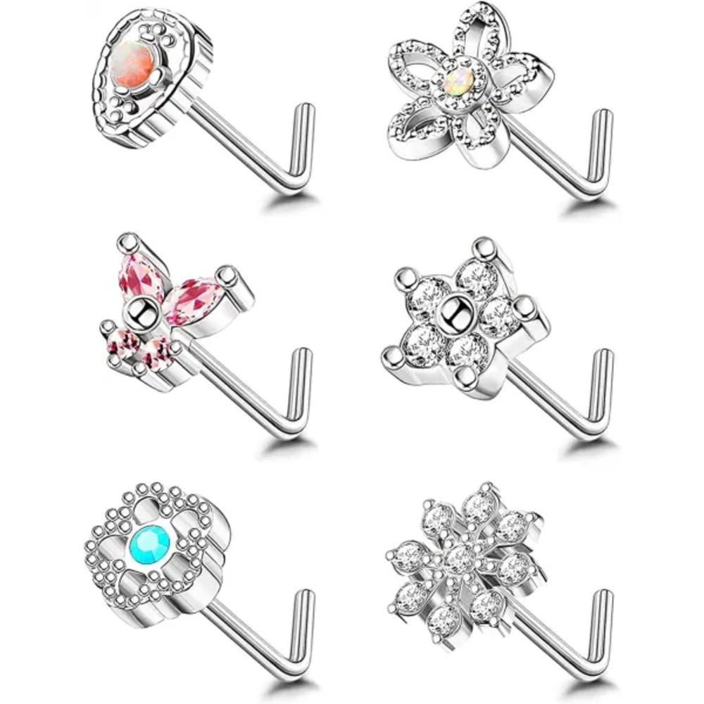 Branded 6Pcs 20G Stainless Steel Nose Rings Studs CZ L-Shape Butterfly Snowflake Flower Nose Studs Screw Rings Body Helix Piercing Jewel