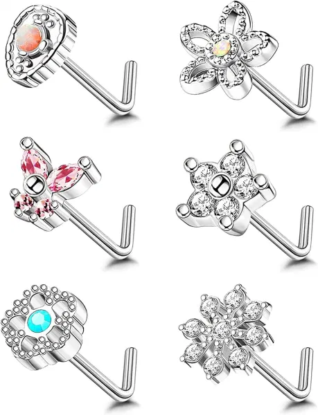 Branded 6Pcs 20G Stainless Steel Nose Rings Studs CZ L-Shape Butterfly Snowflake Flower Nose Studs Screw Rings Body Helix Piercing Jewel