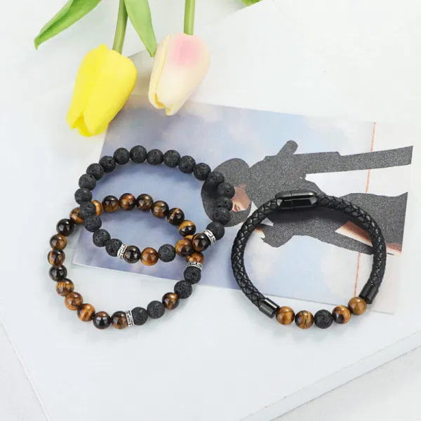 Branded 3 Pcs 8MM Beads Bracelet for Men Women Yellow Tiger Eye Lava Rock Stone Beads Bracelet Elastic String Leather Bangle with Magnet