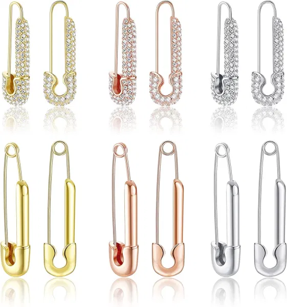 Branded 6 Pairs Safety Pin Earrings for Women Men Gold Plated Paper Clip Earrings Cubic Zirconia Statement Minimalist Earrings Set Fashi