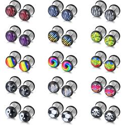 Branded 15 Pairs Fake Gauge Stud Earrings for Men Women Fake Ear Piercing Plugs Earrings Face Guage Illusion Tunnel Surgical Screw Flat