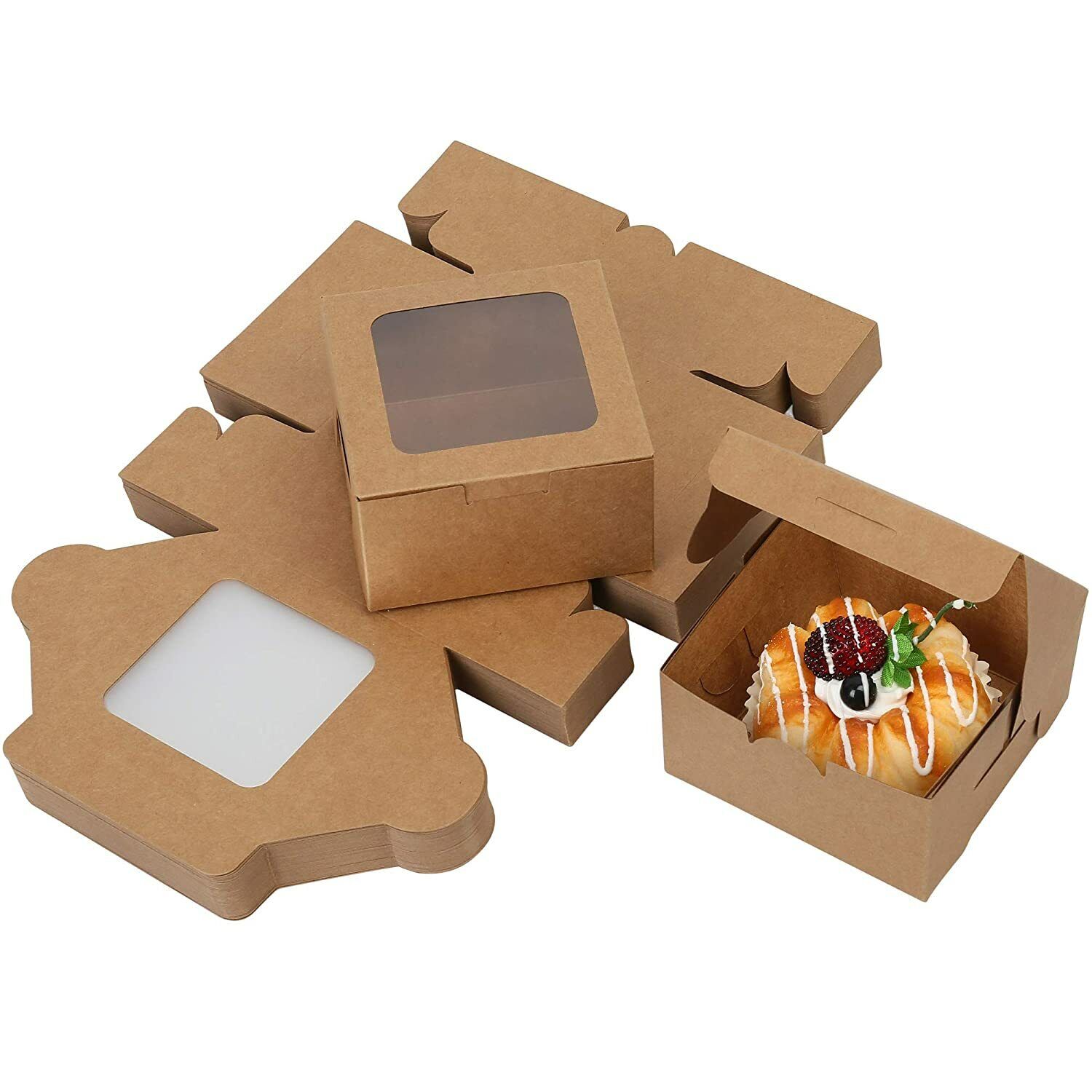 Branded 60Pc Bakery Boxes with Window for Cookies Cupcakes Donuts Muffins 4x4x2.5"-brown