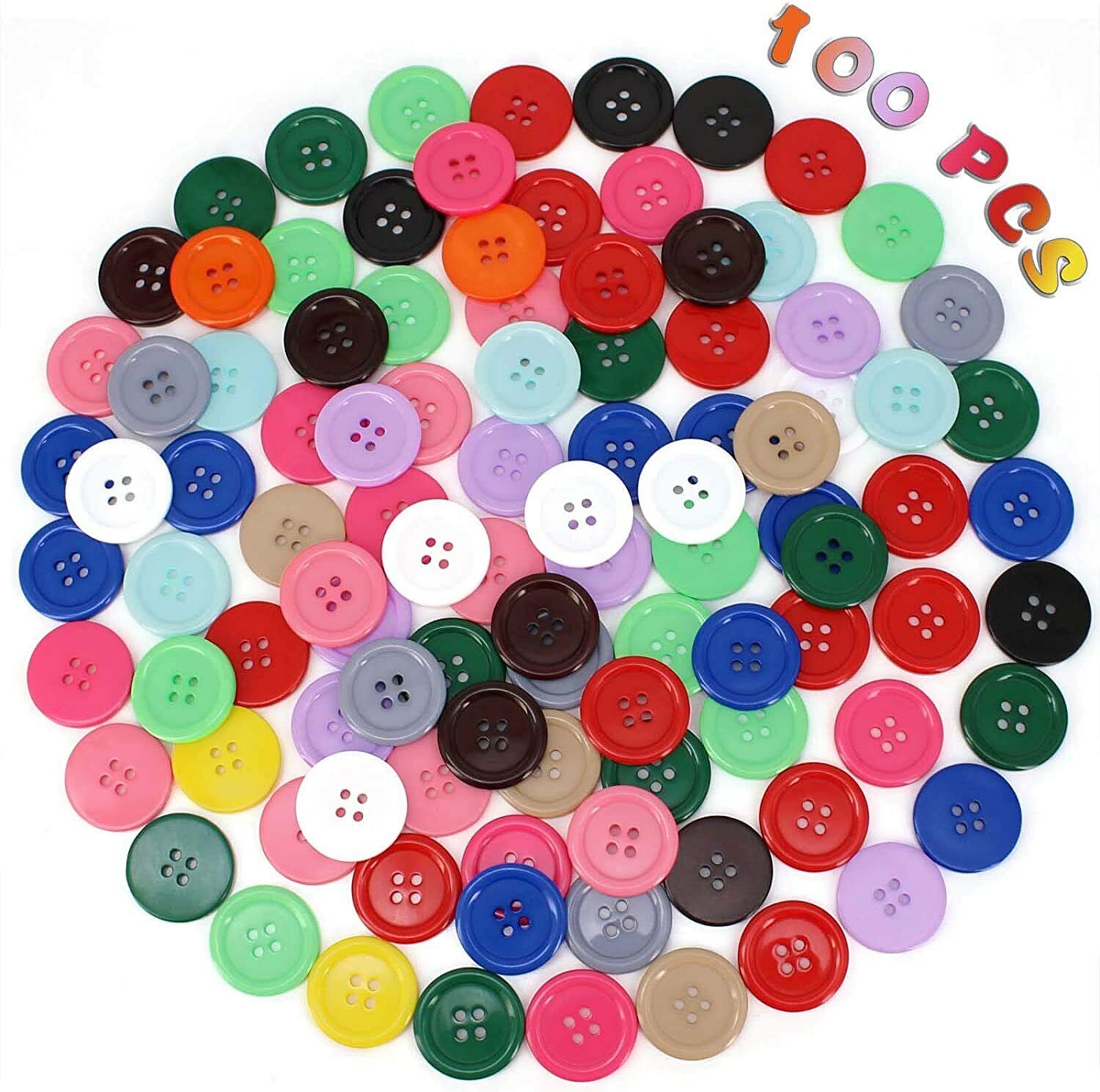 Bofoho 100 Pcs 1 inch Resin Sewing Buttons 15 Colors 4 Holes Flatback Round Multicolor