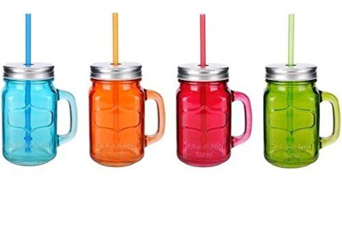Branded Glass Mason Jar 4 Pc Set 15.5 Oz w/Straw With Handles Assorted Colored Steel Lid